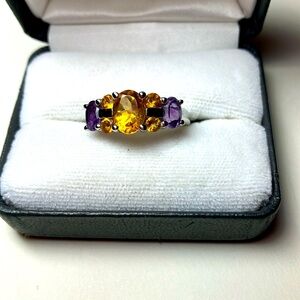 Beautiful 5 Stone Citrine and Amethyst Sterling Silver Ring